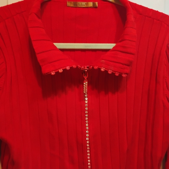 Red Ribbed Zip-Up Cardigan - Picture 4 of 9